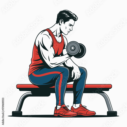 A muscular athlete replicates strength training on a bench, lifting a dumbbell with emphasis on sculpted arms, showcasing commitment to fitness and determination.