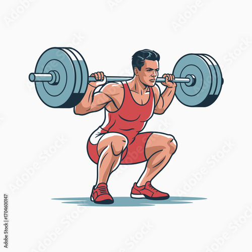 A determined male weightlifter in a vivid red outfit performs a squat while holding a barbell, emphasizing strength and athletic capability in a disciplined training setting.