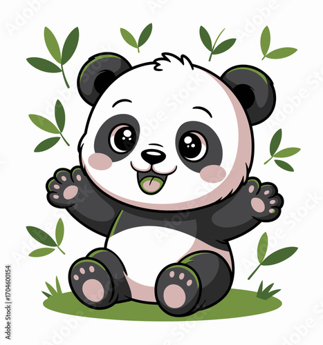 This happy panda with open arms represents joy and friendliness, surrounded by green leaves, providing a playful vibe perfect for children's themes and storytelling.