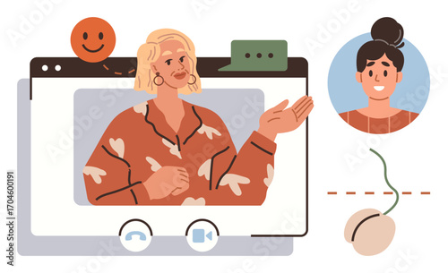 Woman speaking during a video call with a webcam view, accompanied by message bubbles and reactions. Ideal for virtual meeting, teamwork, remote work, communication, online learning, chat, simple