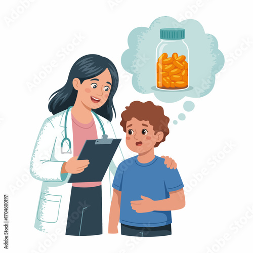 A caring female doctor comforts a young boy who looks nervous about taking his medication, illustrated with a thought bubble of a jar filled with yellow pills.