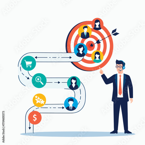 Marketing expert illustrating the sales funnel process, from lead generation and engagement to successful customer targeting