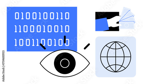 Binary code, an eye, a hand exchanging money, and a globe symbolize data privacy, surveillance, global economy, cybersecurity, digital exchange information trends and transparency. Simple flat