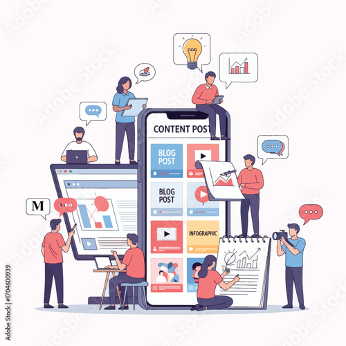 Creative team collaborating on a digital marketing strategy, developing engaging blog posts, social media updates, and infographics for online promotion