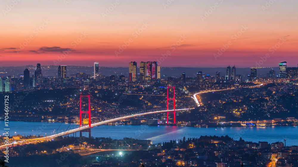 Αυτοκόλλητο Istanbul city skyline cityscape time lapse from day to night view of bosphorus b
