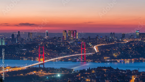 Fotografie Istanbul city skyline cityscape time lapse from day to night view of bosphorus b