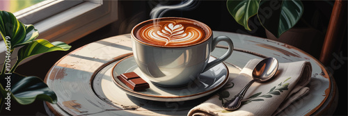 Cozy Morning Latte Art in Sunlight on Rustic Table with Chocolate, Spoon, Napkin, and Green Plants – Warm Home Coffee Scene