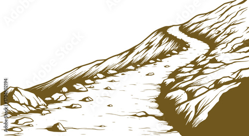 Winding mountain path with rocky terrain, inviting adventure and exploration onward.
