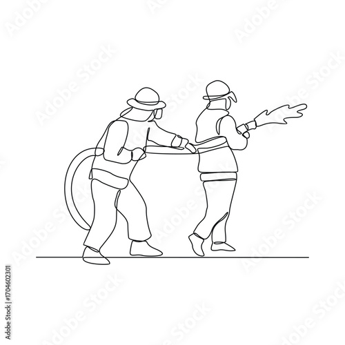 One continuous line drawing of The fire fighter brigade is on duty to put out the blazing fire vector illustration. Fire Fighting design illustration simple linear style vector illustration concept.