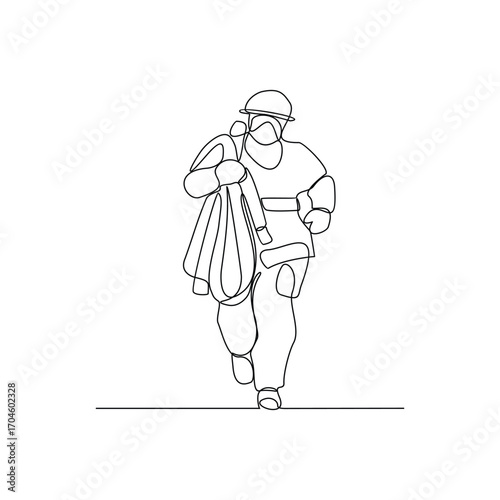 One continuous line drawing of The fire fighter brigade is on duty to put out the blazing fire vector illustration. Fire Fighting design illustration simple linear style vector illustration concept.