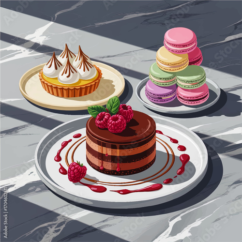 Elegant Assorted French Desserts: Chocolate Raspberry Cake, Lemon Meringue Tart, Colorful Macarons on Marble Table – Vector Illustration