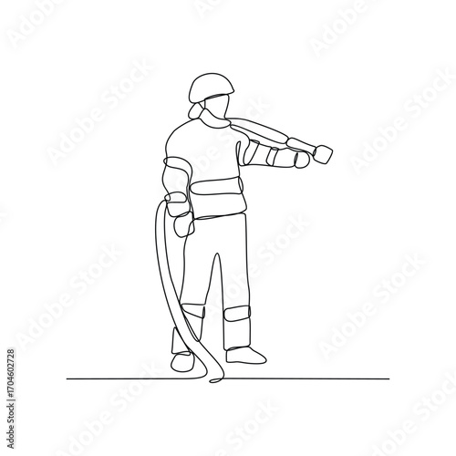 One continuous line drawing of The fire fighter brigade is on duty to put out the blazing fire vector illustration. Fire Fighting design illustration simple linear style vector illustration concept.