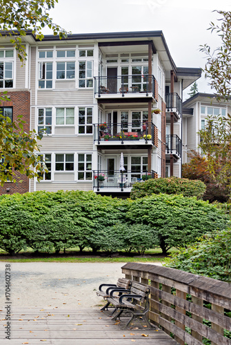 Pathway around the corner of residential building in Fort Langley, BC