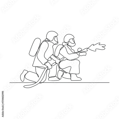 One continuous line drawing of The fire fighter brigade is on duty to put out the blazing fire vector illustration. Fire Fighting design illustration simple linear style vector illustration concept.