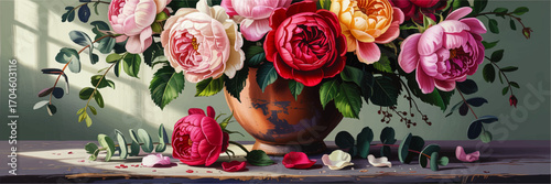 Elegant Vector Still Life with Colorful Roses in Rustic Vase, Sunlit Window, Romantic Floral Illustration for Home Decor