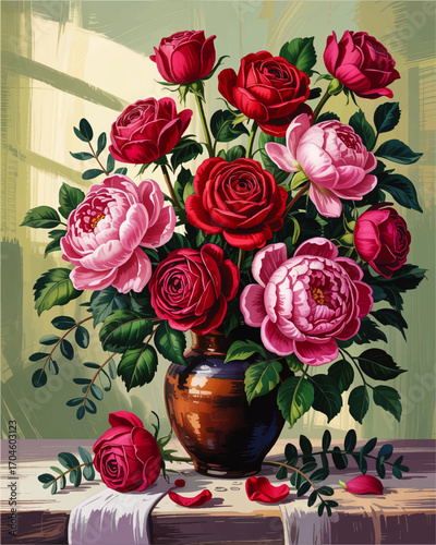 Elegant Bouquet of Red and Pink Roses in Ceramic Vase – Vintage Botanical Still Life Illustration for Home Decor and Floral Art Prints