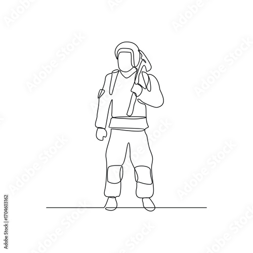 One continuous line drawing of The fire fighter brigade is on duty to put out the blazing fire vector illustration. Fire Fighting design illustration simple linear style vector illustration concept.