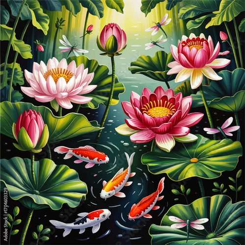 Tranquil Pond Scene with Colorful Koi Fish, Pink Lotus Flowers, Green Lily Pads, and Dragonflies in Sunlight - Vibrant Nature Illustration