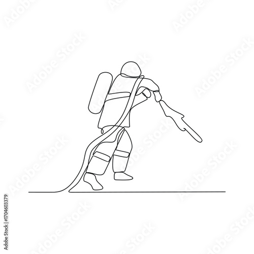 One continuous line drawing of The fire fighter brigade is on duty to put out the blazing fire vector illustration. Fire Fighting design illustration simple linear style vector illustration concept.