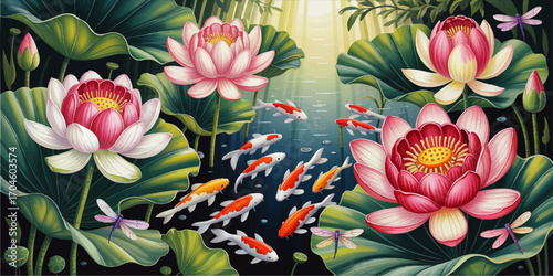 Vibrant Lotus Flowers and Koi Fish in Tranquil Pond with Dragonflies – Nature Floral Vector Illustration, Asian Garden Art