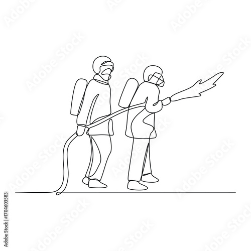 One continuous line drawing of The fire fighter brigade is on duty to put out the blazing fire vector illustration. Fire Fighting design illustration simple linear style vector illustration concept.