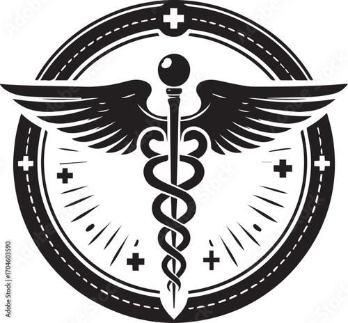 Black Caduceus Medical Symbol Encased in a Circular Road or Tire Design with Plus Signs Keywords: caduceus, medical symbol, circle, road, tire, asphalt, stripes, plus signs, healthcare, medicine