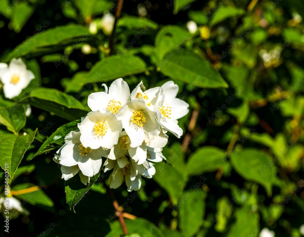 Obraz premium Clusters of white jasmine flowers in sunlight