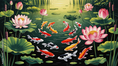 Tranquil Koi Fish Pond with Blooming Pink Lotus Flowers, Green Lily Pads, and Serene Water Reflections – Peaceful Nature Illustration