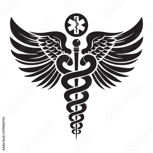 Black Caduceus Medical Symbol with Star of Life and Wings on White Background healthcare medicine