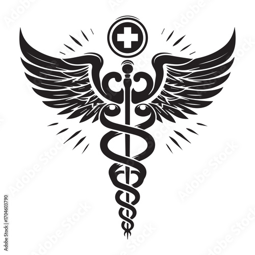 Black Caduceus Medical Symbol with Wings and a Glowing Cross on Top Keywords: caduceus, medical symbol, wings, cross, plus sign, glowing, radiating, healthcare, medicine, doctor, nurse, hospital