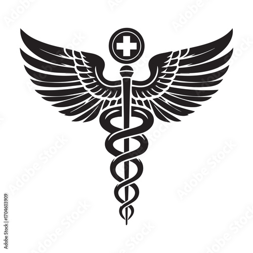 Black Caduceus Medical Symbol with Wings and Cross on White Background healthcare medicine