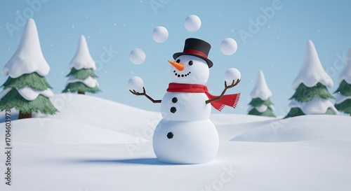 Smiling snowman juggling snowballs winter scene