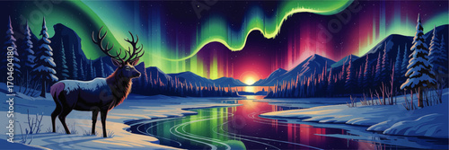 Majestic Elk Under Northern Lights Aurora Borealis in Snowy Winter Forest with Mountains and River – Vibrant Vector Landscape Illustration