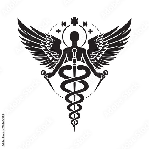 Black Caduceus Symbol with Angelic Figure and Medical Instruments on White Background medical symbol