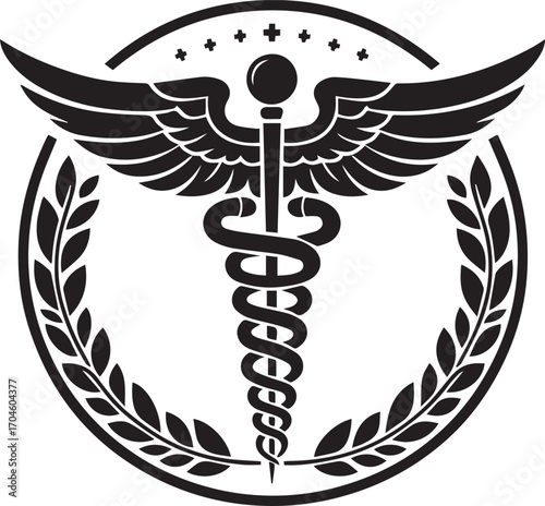 Black Caduceus Symbol Enclosed in Laurel Wreath and Circle on White Background medical symbol