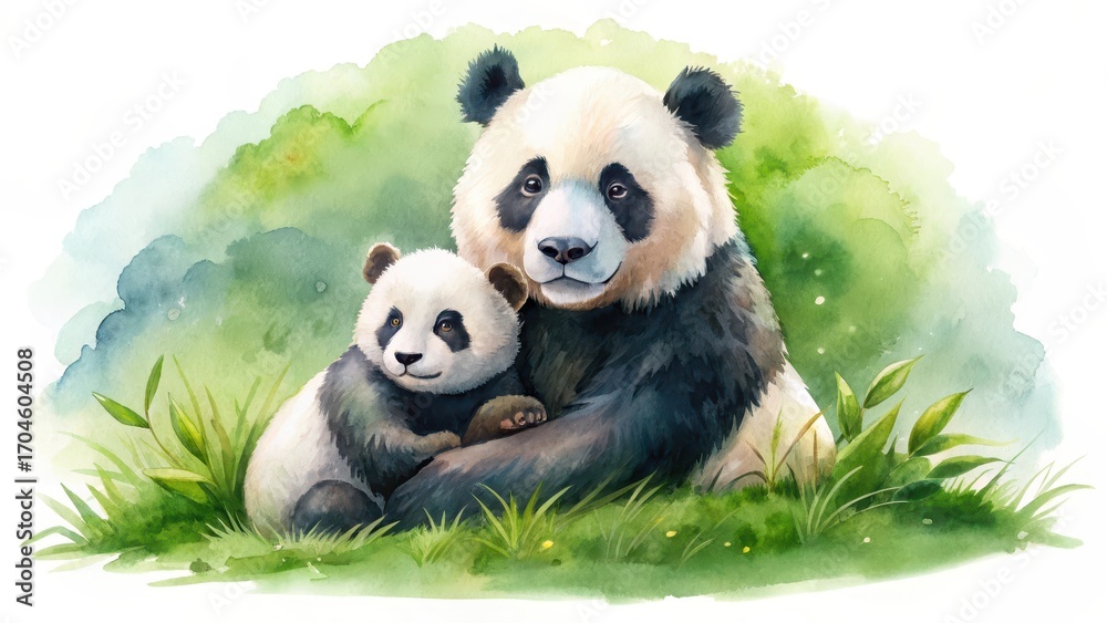 Naklejka premium A tender moment captured in watercolor a mother panda embraces her cub amidst lush green foliage, symbolizing the enduring bond of family in nature's embrace.