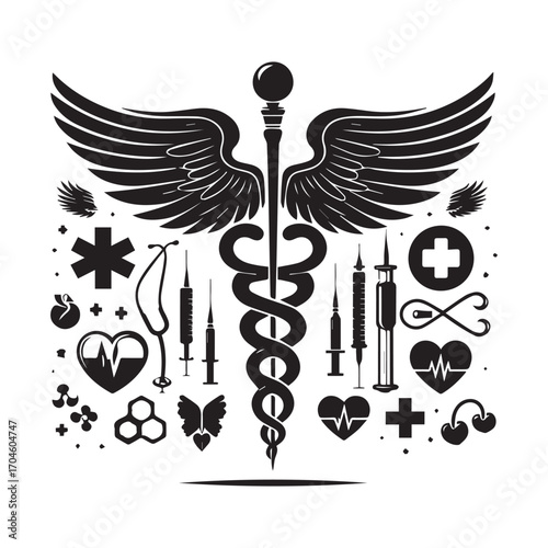 Black Medical Icons Collage Centered Around Caduceus Symbol with Wings on White Background medical symbol