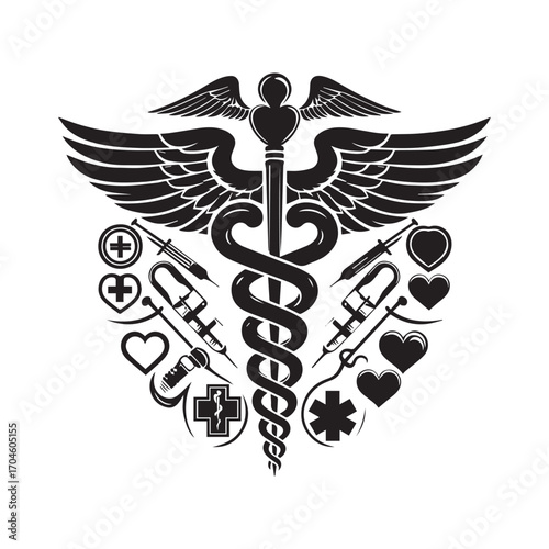 Caduceus Medical Symbol with Heart, Syringe, and Cross Icons on White Background healthcare medicine