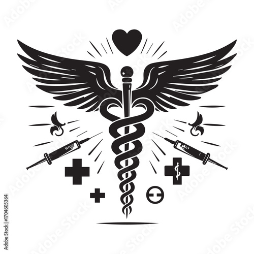 Caduceus medical symbol with syringes, crosses, and radiating lines on a white background healthcare