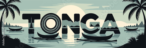 Retro Tonga Landscape Illustration with Palm Trees, Canoes, Mountains, and Tribal Style Text at Sunset for Travel and Tourism