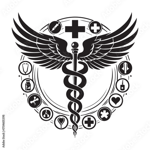 Caduceus medical symbol with wings and a ring of medical icons on white background stethoscope