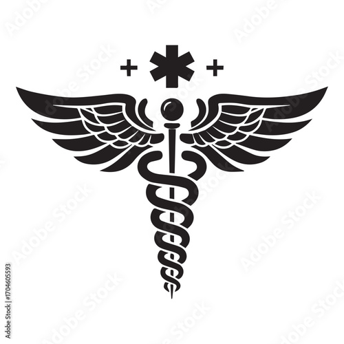 Caduceus Medical Symbol with Wings and Star of Life and Cross Icons on White Background healthcare