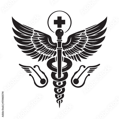 Caduceus Medical Symbol with Wings and Two Stylized Ear Icons on White Background healthcare medicine