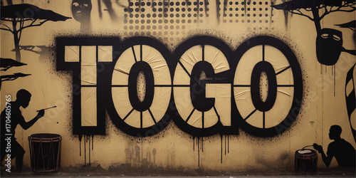 Vibrant Togo Street Art Mural with African Drummers, Tribal Faces, and Acacia Trees on Yellow Urban Wall
