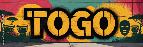 Vibrant Togo Street Art Mural with African Drums, Tribal Mask, Sunset Colors, and Silhouette Trees – Urban Wall Graffiti Illustration