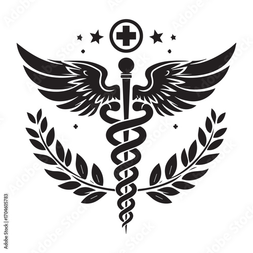 Caduceus Medical Symbol with Wings Laurel Wreath and Cross on White Background healthcare medicine