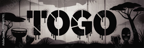 Togo Graffiti Art Mural with African Trees, Drums, and Tribal Mask – Black and White Urban Street Culture Illustration