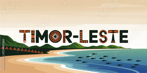 Timor-Leste Vector Landscape Illustration with Traditional Patterns, Beach, Ocean, Fish, and Green Hills for Travel and Culture Design