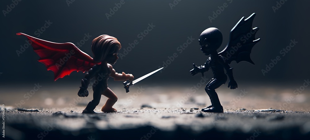 Obraz premium Tiny figures from life angel vs demon,generative AI