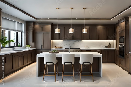 Elegant kitchen interior featuring dark wood cabinetry, a central island with seating, and modern